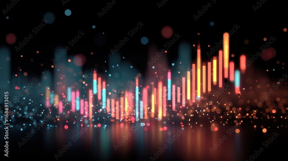 Poster glowing stock chart with digital particles abstract financial data colorful bar graph futuristic tec