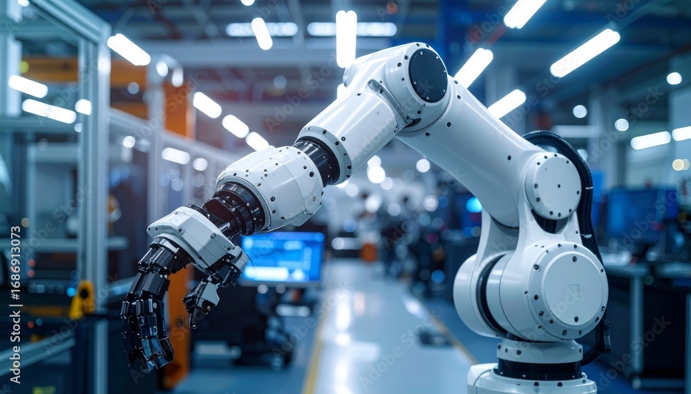 Poster an industrial robot arm operating in a modern factory setting, showcasing automation and technology