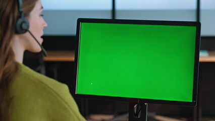Corporate employee work green computer closeup. Office chroma key equipment