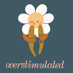 Overstimulated Flower Head Character Hugging Knees, Emotional and Introverted Concept Art, Quiet and Sensitive Mental Health Illustration
