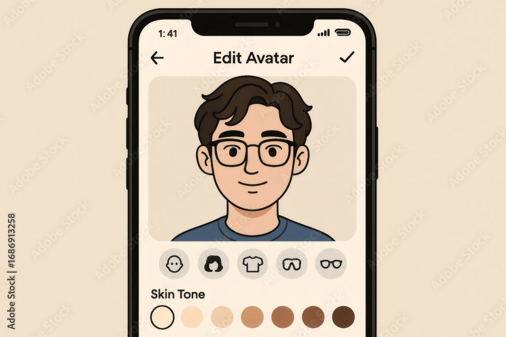 Poster modern smartphone displaying avatar customization app, enabling users to create personalized digital