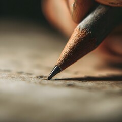 A hand holds a pencil poised to write on paper.