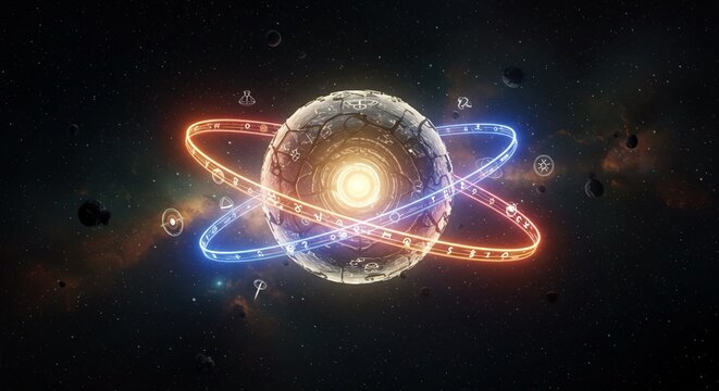 Mysterious cosmic orb with glowing rings and ancient symbols orbits in vast starry expanse, hinting at universal secrets and advanced technology