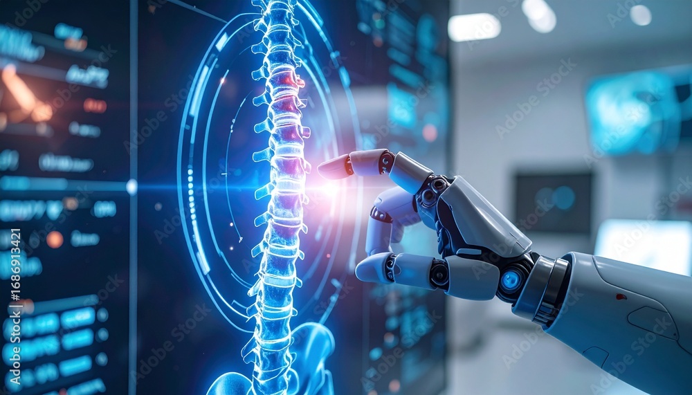 Poster a futuristic medical concept featuring a robotic arm interacting with a digital display of a spine. 