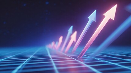 Glowing upward arrow digital finance graph blue grid futuristic abstract technology progress growth business success optimism financial increase modern style