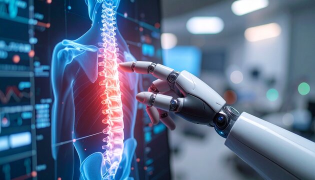 Robotic hand interacting with a human spine image on a futuristic screen, highlighting medical advancements