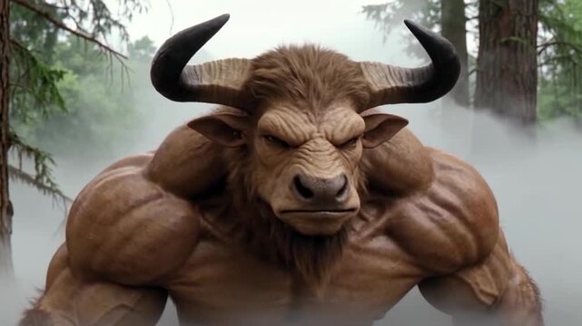 Fierce muscular mythological creature with bull head and horns in a mi