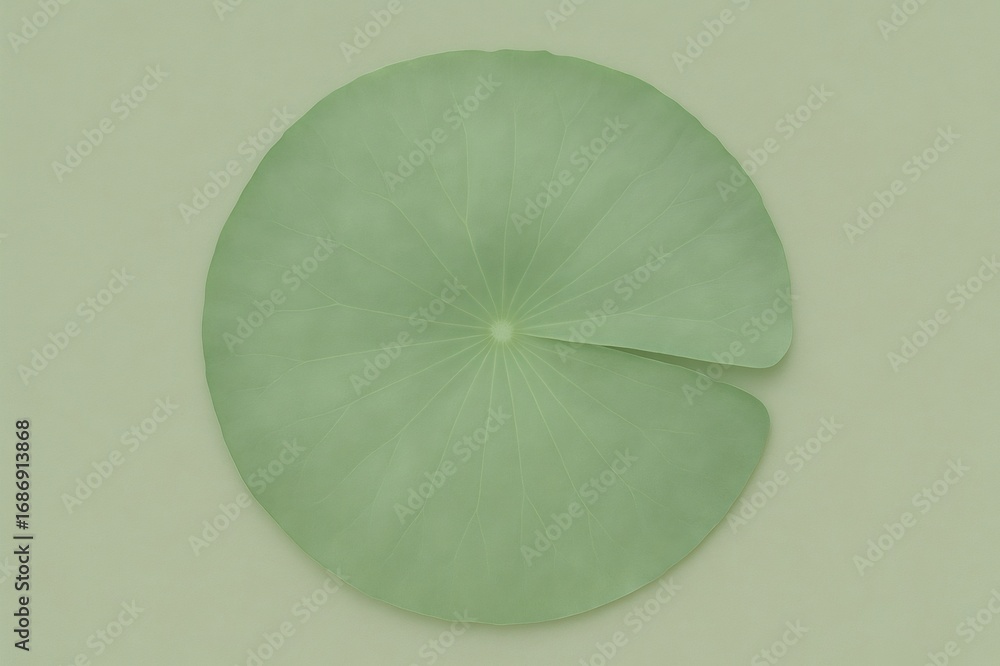 Poster green lily pad with radial veins floating on calm water, creating a serene and minimalist nature ima