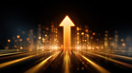 Golden arrow futuristic chart glowing line digital background abstract city upward trend financial growth technology success innovation optimism progress modern bright dynamic business data light