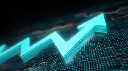 Rising digital holographic finance analysis chart arrow growth technology data upward trend glowing futuristic business success statistics abstract blue progress economy investment market increase