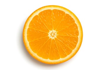 Close up of a juicy orange slice revealing its vibrant color and detailed texture against a clean white backdrop