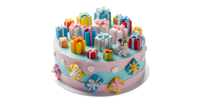 Birthday cake with miniature edible presents, isolated on white background