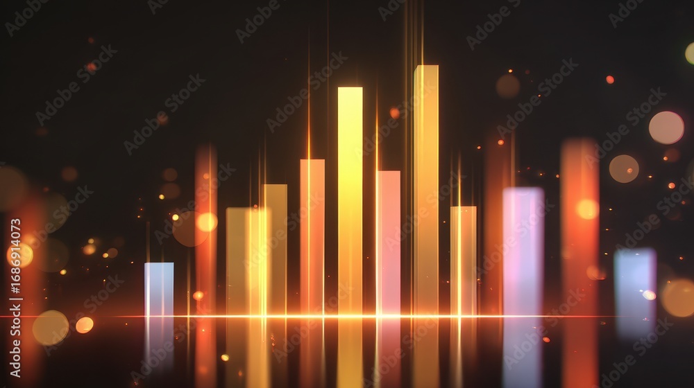 Poster futuristic glowing digital chart with tall illuminated bars abstract background vibrant colors techn