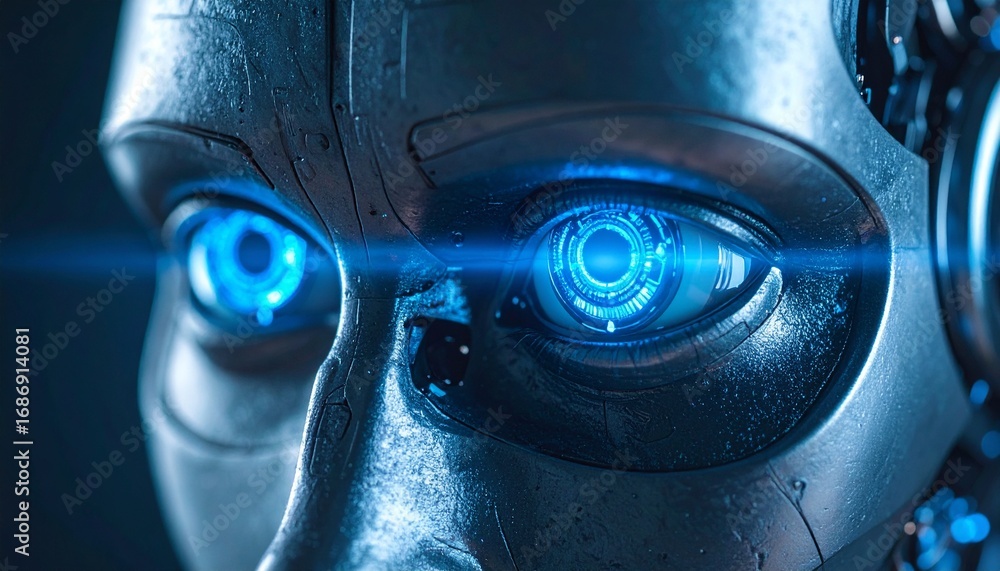 Poster an intricate image of a close-up view of a robot with striking blue eyes