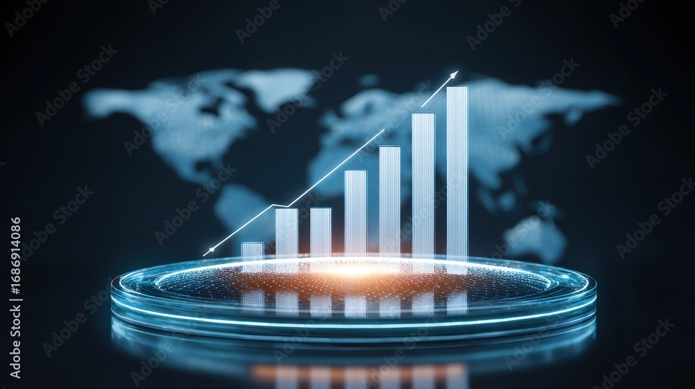 Poster futuristic glowing dashboard bar chart data visualization digital growth technology world map analyt