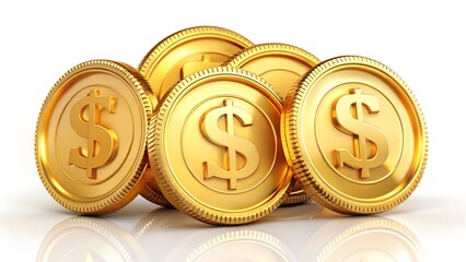 Photo of a closeup shot of several gold coins with dollar signs on a white background, symbolizing wealth and financial success