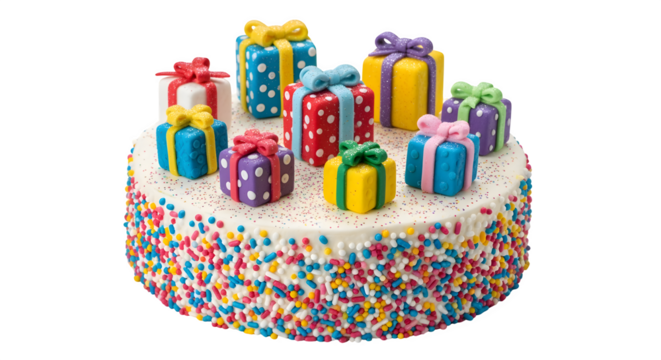 Birthday cake with miniature edible presents, isolated on white background - Powered by Adobe