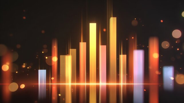 Futuristic glowing digital chart with tall illuminated bars abstract background vibrant colors technology data visualization modern dynamic energetic night