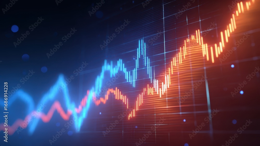 Poster futuristic glowing stock exchange board financial chart digital graph blue and orange lines abstract