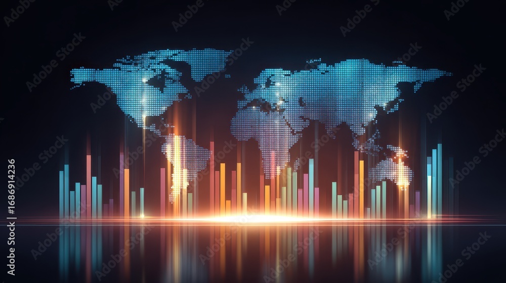 Poster futuristic glowing world map luminous bar chart digital data visualization global technology abstrac