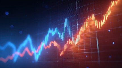 Futuristic glowing stock exchange board financial chart digital graph blue and orange lines abstract background technology data visualization dynamic modern investment