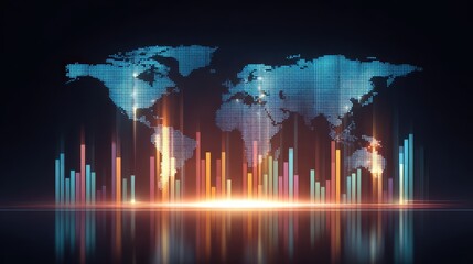 Futuristic glowing world map luminous bar chart digital data visualization global technology abstract background vibrant color modern innovation night reflection