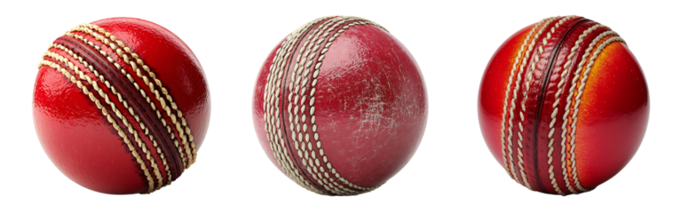 Three red cricket balls with distinct seam stitching shown in a close-up studio shot isolated on a white or transparent background