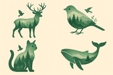Double exposure illustration showing silhouettes of wild animals containing a green forest landscape, promoting environmental conservation and harmony between wildlife and nature