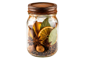 A glass jar filled with dried spices, including cinnamon sticks, orange slices, bay leaves, star anise, and nutmeg, creating a warm and inviting display.