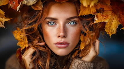 Fototapeta premium Woman with red hair and blue eyes is wearing a brown sweater
