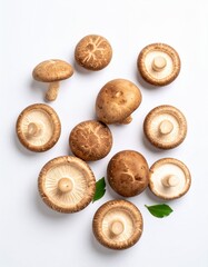 Fresh Shiitake mushroom in white background, aesthetic mushroom product, healthy food, slicing shiitake mushroom 
