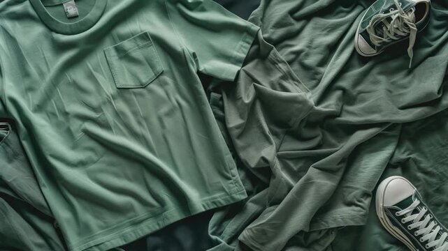 A pair of sneakers and a green shirt laid out on a bed, possibly for a person to change into