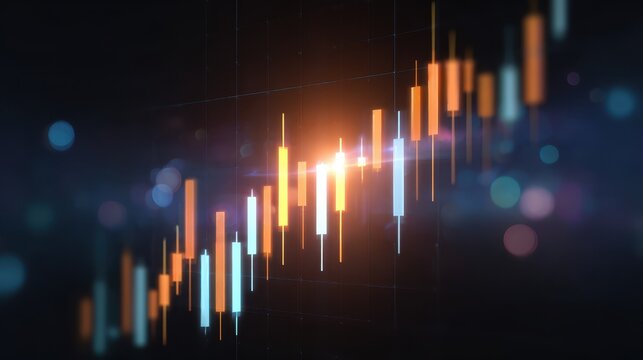 Glowing holographic candlestick chart financial data stock market analysis futuristic digital interface blue and orange light investment technology abstract background