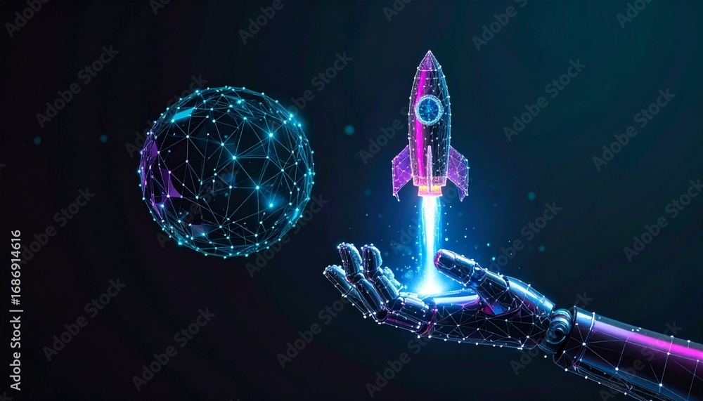 Poster a digital rendering of a robotic hand holding a glowing rocket, with a network sphere, against a tec