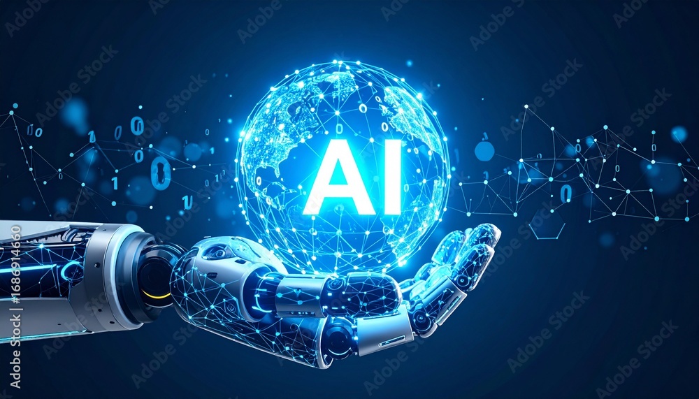 Aufkleber ai concept: a robotic hand holds a glowing ai symbol within a network sphere