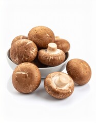 Fresh Shiitake mushroom in white background, aesthetic mushroom product, healthy food, slicing shiitake mushroom 