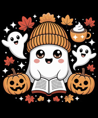 Retro Cute Ghost Reading Book Pumpkins Fall Chocolate Halloween