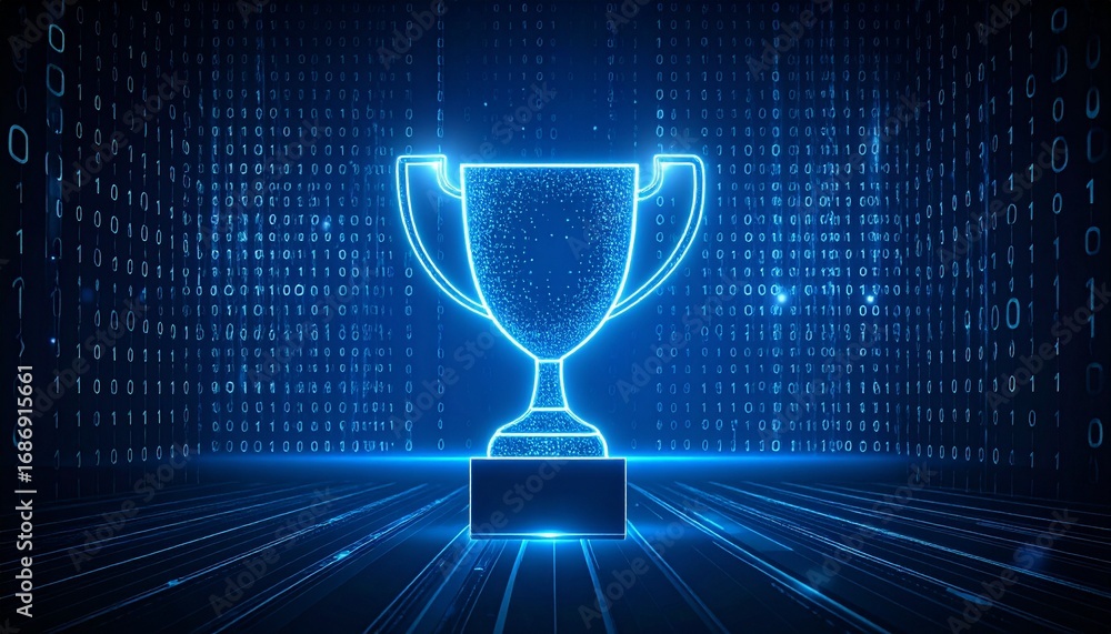 Poster a digital representation of a trophy glowing against a backdrop of binary code, symbolizing achievem