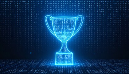 An illuminated trophy silhouette against a digital data background, symbolizing technological achievement