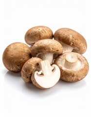 Fresh Shiitake mushroom in white background, aesthetic mushroom product, healthy food, slicing shiitake mushroom 