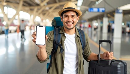 Fototapeta premium A happy traveler holding a phone, smiling broadly in a train station, ready for journey. He is prepared and optimistic.