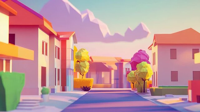 Suburban street with colorful houses and trees at sunset in low poly style