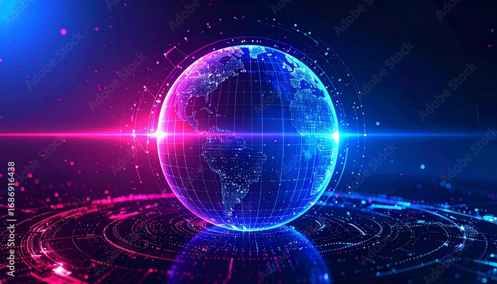 Poster a digital globe displaying a vibrant world with abstract technology. the earth is showcased with mod