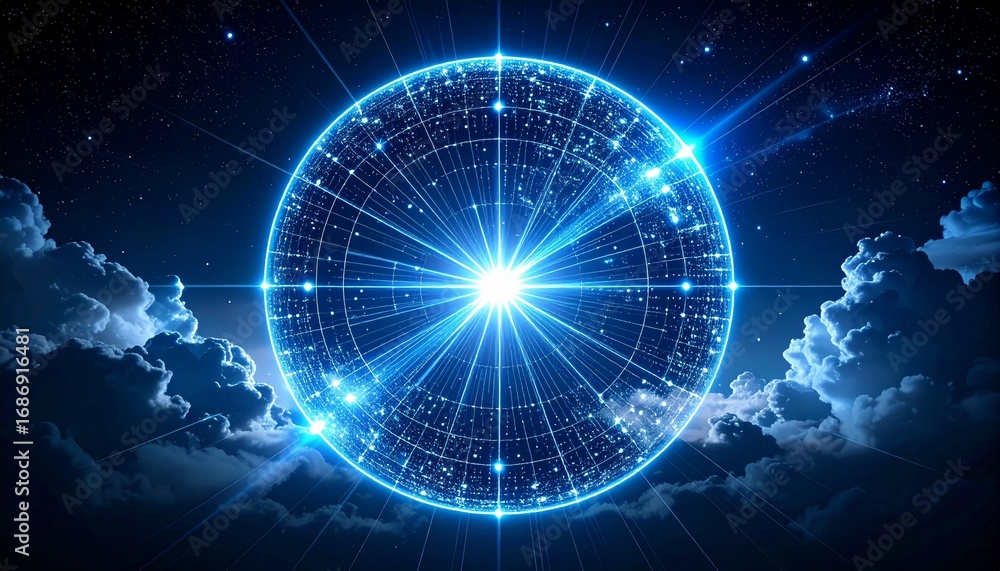 Poster a captivating abstract illustration of a glowing sphere emitting radiant light within a celestial ba