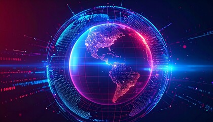 Obraz premium A digital world with a globe surrounded by an illuminated grid, depicting global communication and connectivity. The image features glowing lines and a futuristic design.