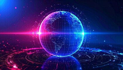 Obraz premium A digital globe displaying a vibrant world with abstract technology. The Earth is showcased with modern digital graphics and futuristic themes