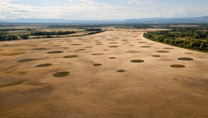 Fototapeta premium Aerial drone view of mysterious circular patterns in a vast agricultural field.