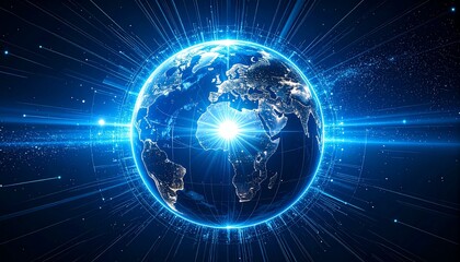 Fototapeta premium A glowing blue Earth with vibrant digital lines, representing global connectivity. The image captures the essence of technological advancement and interconnectedness