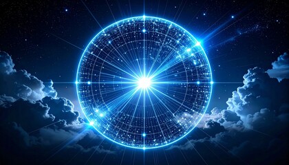 Fototapeta premium A captivating abstract illustration of a glowing sphere emitting radiant light within a celestial backdrop. The sphere showcases intricate digital patterns, surrounded by ethereal clouds and stars.