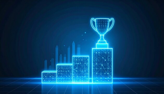 A digital trophy atop a rising graph, symbolizing success and achievement. The scene radiates a cool, futuristic aesthetic